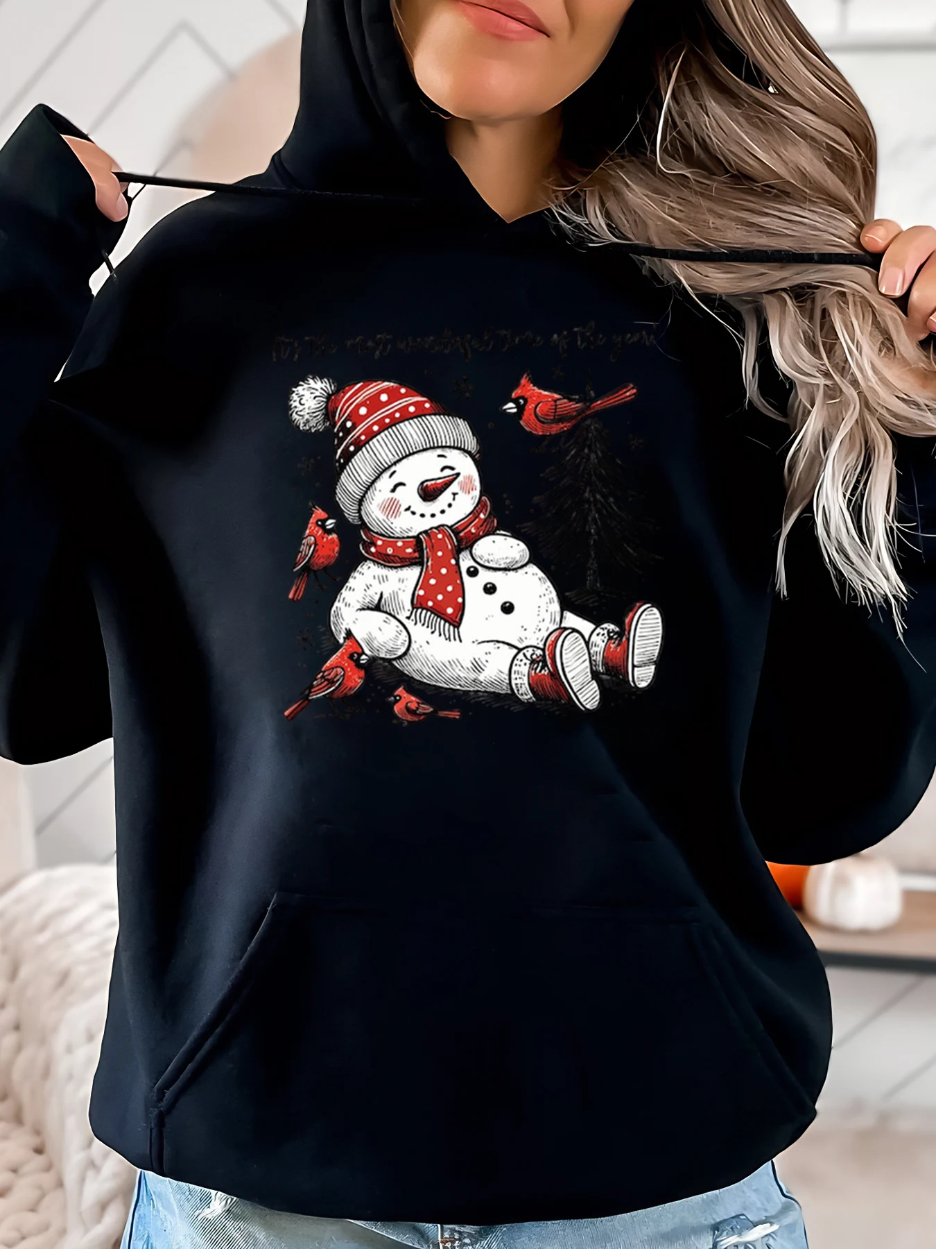 Sweat à capuche bonhomme de neige avec Cardinals pour femme, vêtement décontracté d'hiver, noir, grande taille, vacances de noël