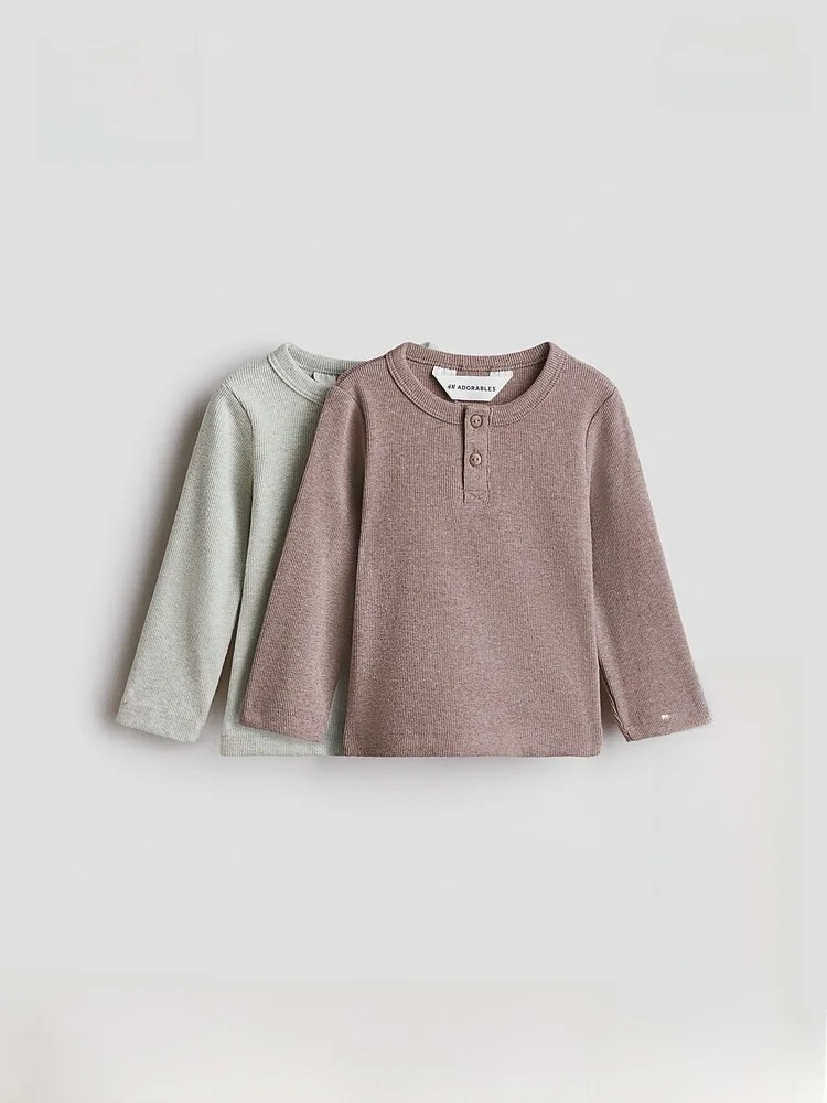 h-m-summer-new-cotton-henry-shirt-2-piece-set-for-baby-boys-round-neck-long-sleeve-t-shirt-pure-color-elastic-fiber-material
