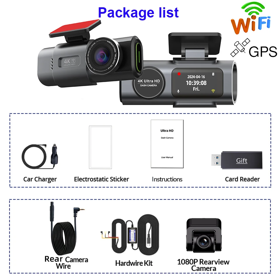 Dual Lens Dash Cam voor auto's 4K Auto Dvr met 1080P Achteruitrijcamera Videorecorder GPS WIFI Autocamera Nachtzicht Parkeermonitor