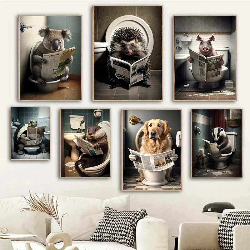 Funny Bathroom Humorous Animal Wall Decor Bear Dog Tiger Sitting on Toilet Reading Newspaper Poster Art Print Canvas Painting