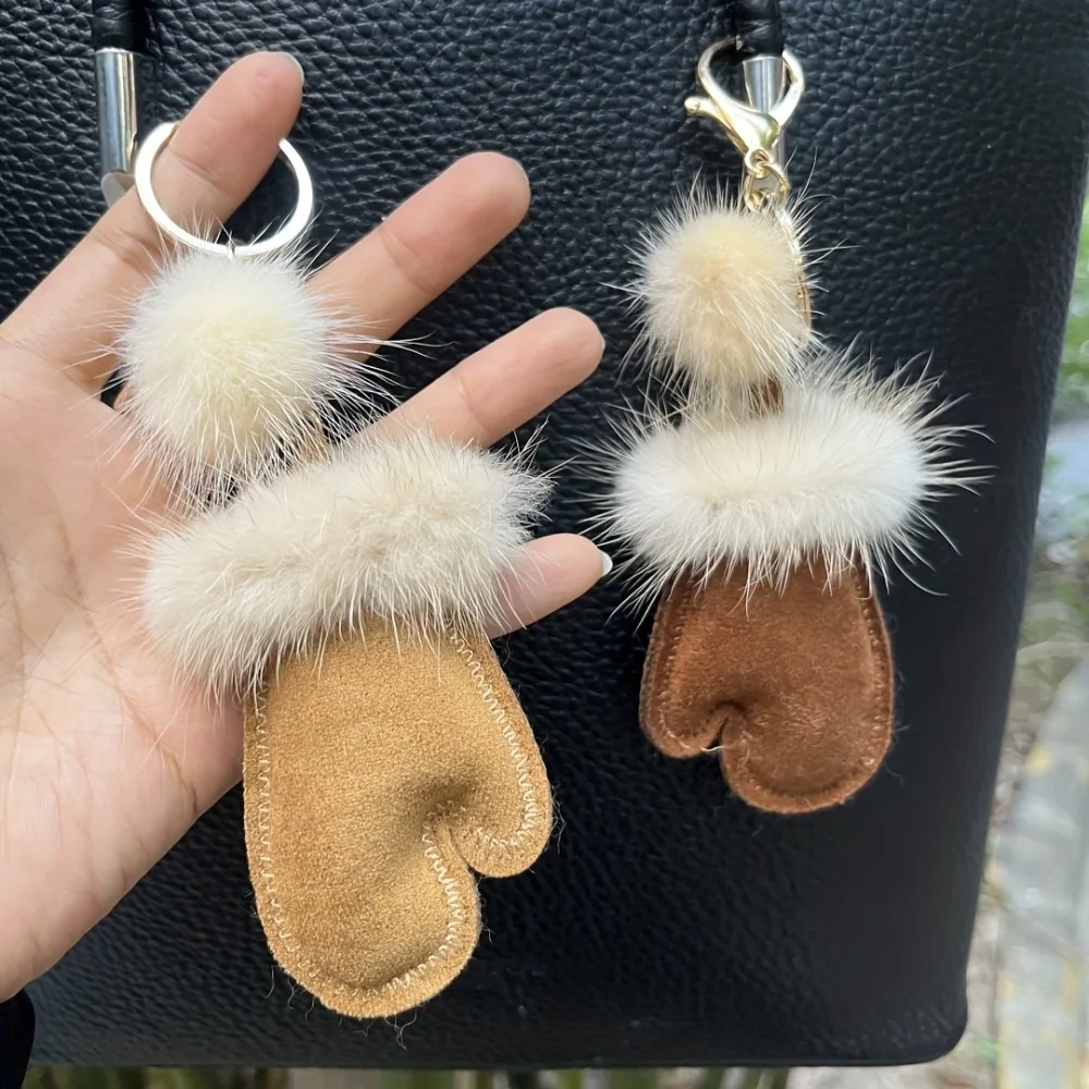 

Exquisite Fluffy Mini Gloves Keychain Mink Fur Snow Pu Leather Pendant Soft Cute Winter Plush Keyring Winter