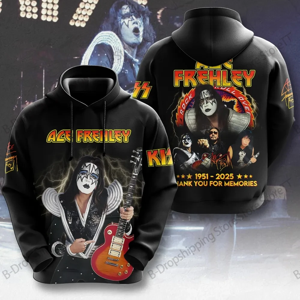 جديد روك هوديي البلوز قبلة الفرقة Ace Frehley ثلاثية الأبعاد طباعة هوديي الرجال النساء موضة الشتاء المتضخم رياضية فاسق الملابس السوداء