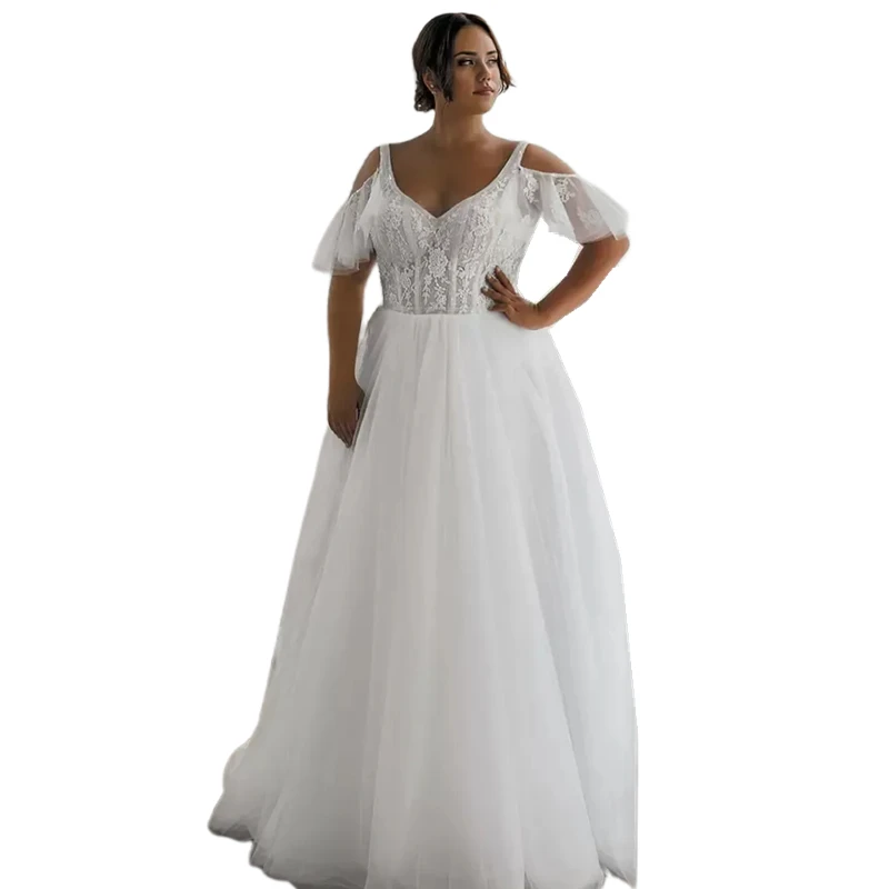 Suknie ślubne plus size, gorsetowe, krótkie rękawy, dekolt w serek, odkryte plecy, linia A, długie suknie ślubne, koronkowe aplikacje, eleganckie, boho, plażowe.