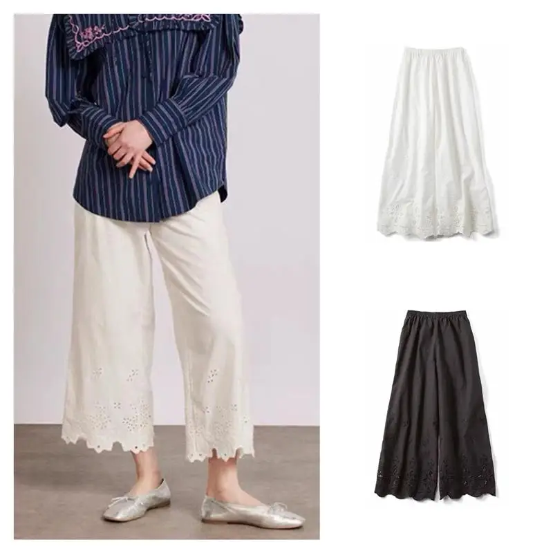 

DamsonM Spring Vintage Embroidered Lace Cotton Straight Leg Pants Nine Points Pants Ladylike Simple Style Elastic Waist Loose...