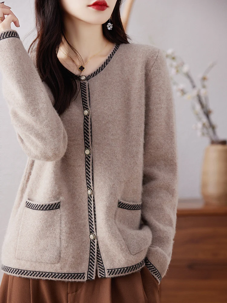 100% Wool Cardigan Sweater Women O-neck Long Sleeve Top Korean Style Oversized Loose Pocket Mujer Knitwear Basic Autumn Clothing