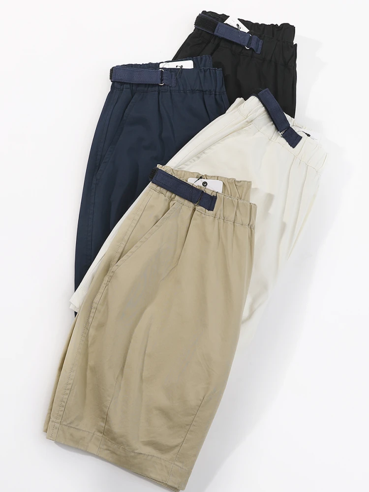 100% Cotton Good Quality Summer Fashion Men Cargo Shorts Japan Style Elastic Waist Solid Color Simple Basic Half Length Trouser