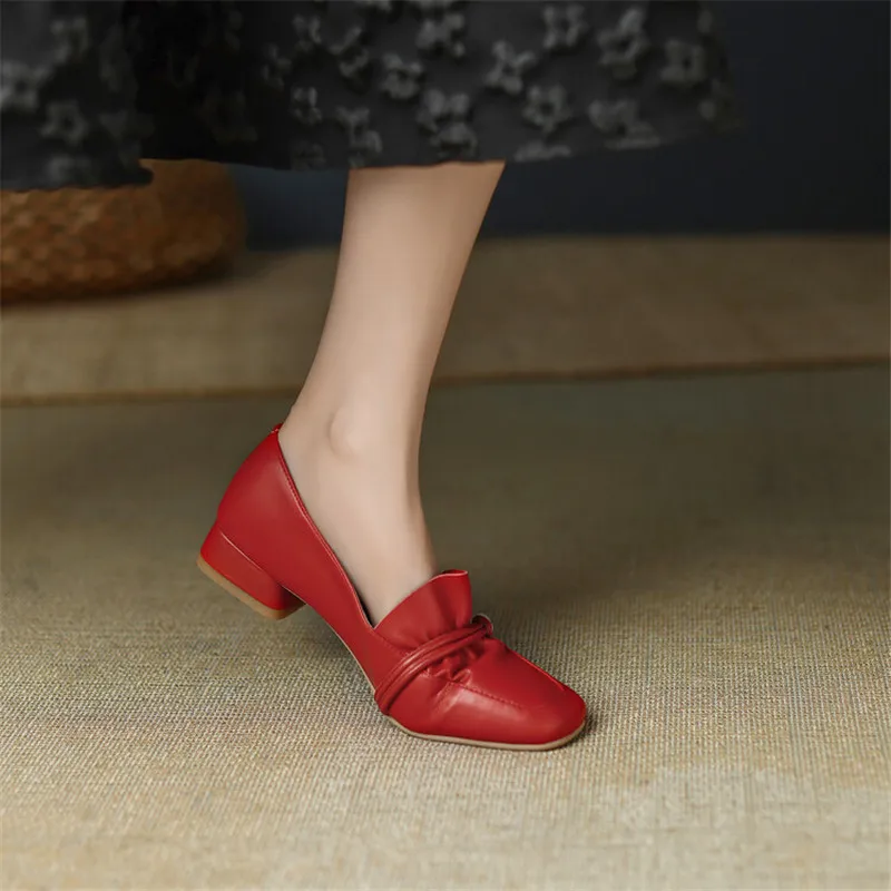 New Spring Women Loafers Cow Leather Low Heel Shoes for Women Square Toe Chunky Heel Shoes Comfortable Women Pumps Slip-On Shoes