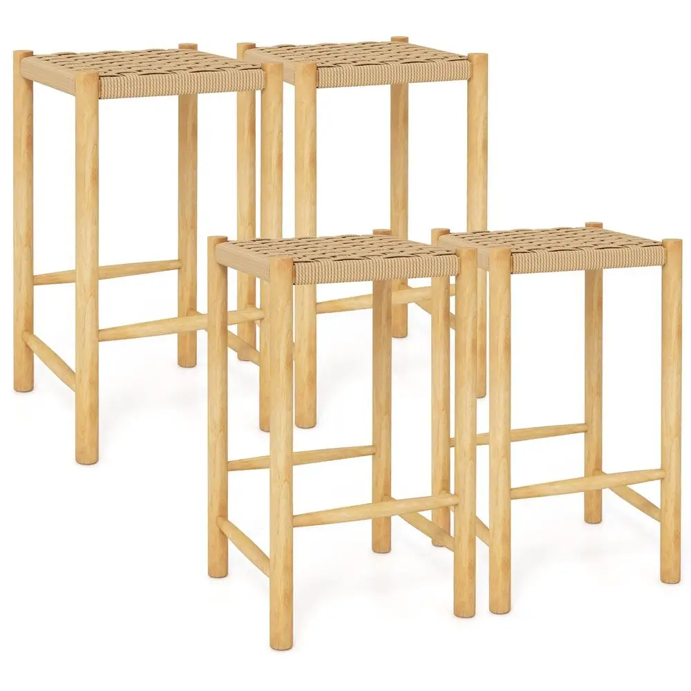 

Набор из 4 барных стульев, 26-дюймовые барные стулья для барной стойки с плетеными сиденьями и подставками для ног, барные стулья без спинки в стиле бохо с каркасом из каучукового дерева