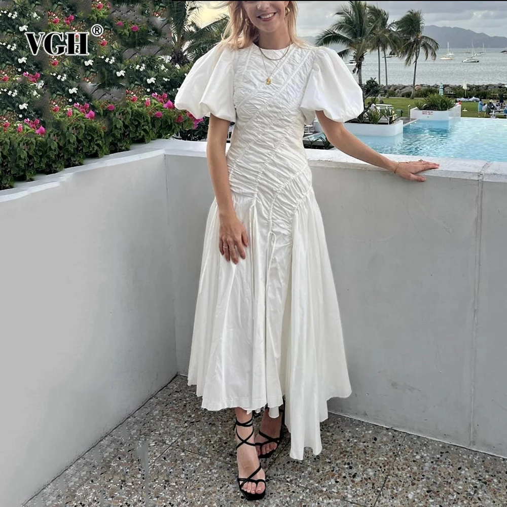 

VGH Designer Spliced Folds Slimming Solid Dresses For Women Round Neck Short Sleeve High Waist Spring Elegant Dress Female Style