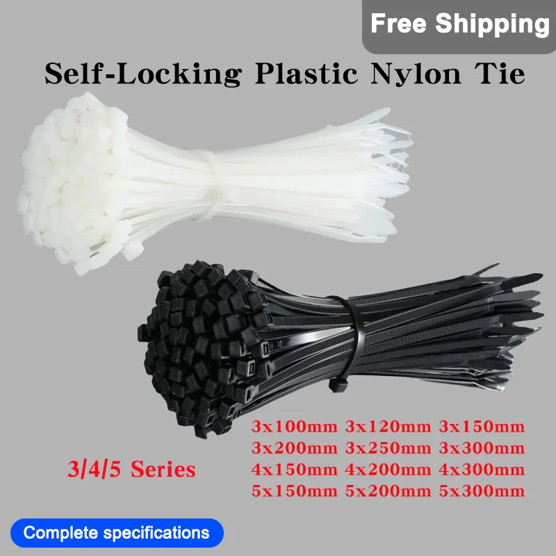 

1000PCS/Pack Self-Locking Plastic Nylon Tie Fastening Ring Loop Wire Wrap Cable Tie Zip Wraps Strap Tie White/Black 3x100mm