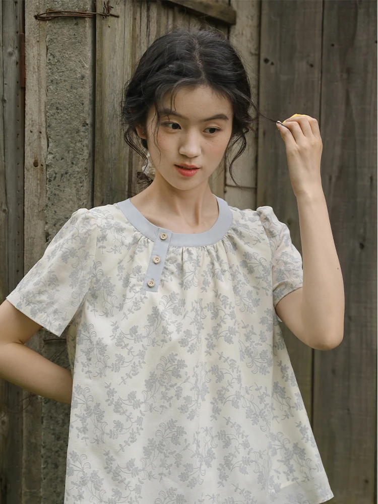 

Летняя женская свободная блузка Nesoulum с цветочным принтом, коротким рукавом, винтажным стилем, круглым вырезом, бежевого цвета, с асимметричным подолом.