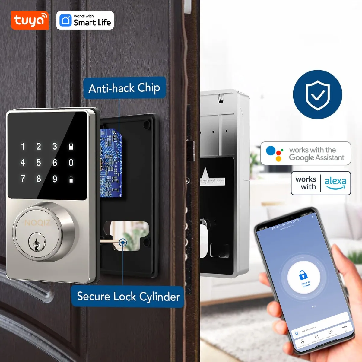 Tuya Smart Lock with password, Keyless Entry Door Lock with Touchscreen Keypads, Easy to Install, App Unlock, 50 User Codes