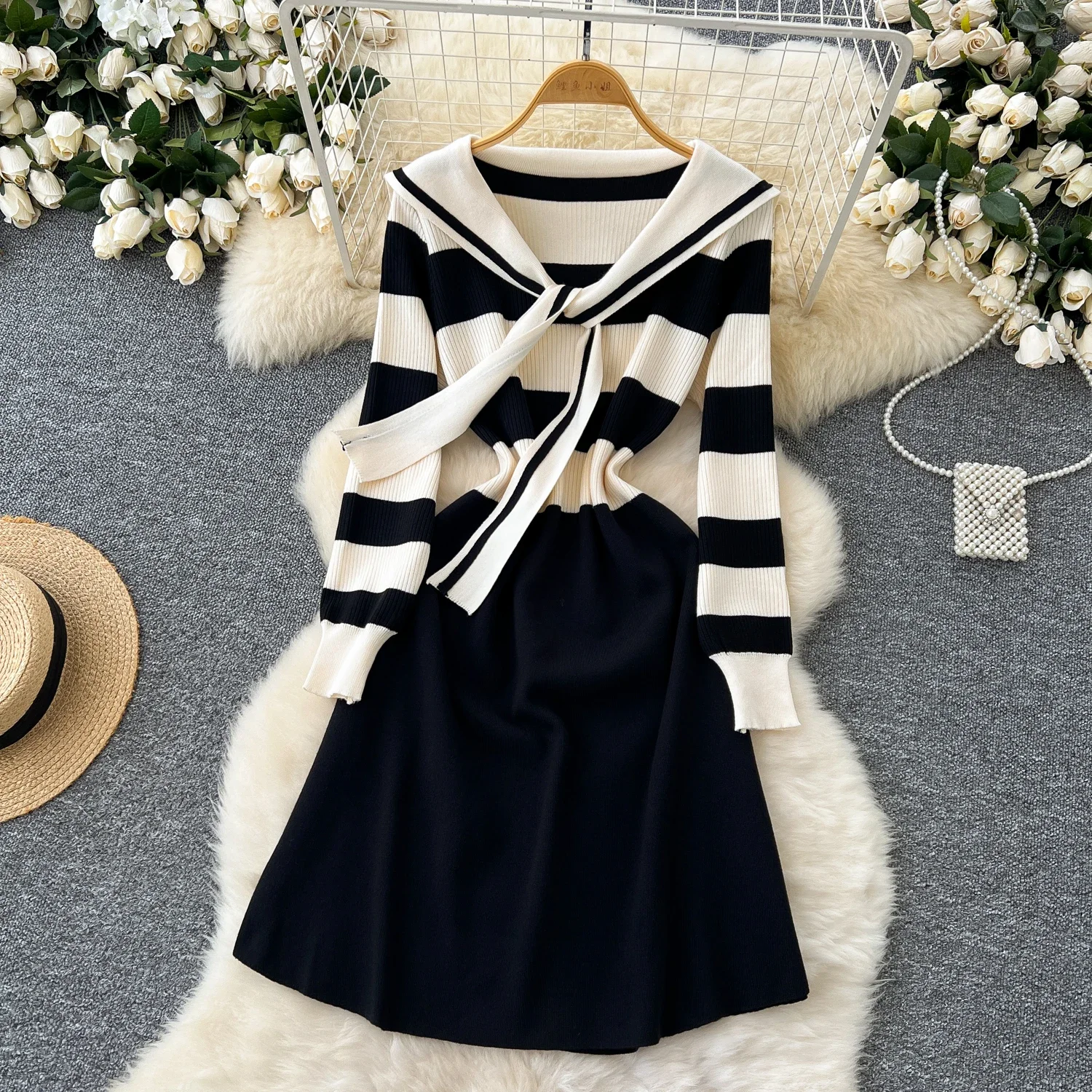 Chic Turn-down Collar Slim Bandage Long Sleeve Patchwork Striped Knit Dress High Street Vintage Women Autumn Winter Clothing