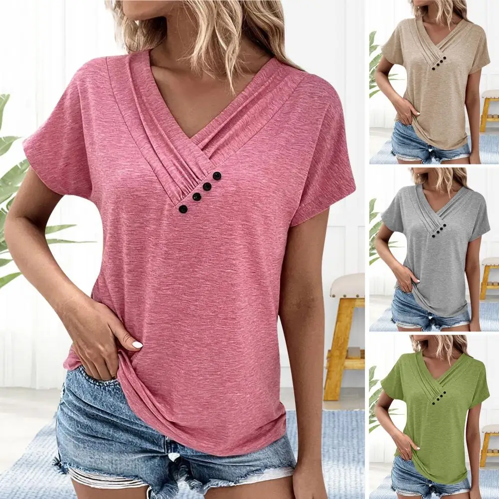Femmes à manches courtes T-shirt haut à la mode décontracté solide col en V pull t-shirts hauts pour les femmes été nouveaux vêtements pour femmes