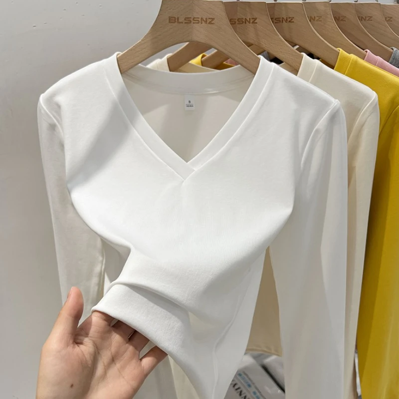 AOSSVIAO 2026 Frühling Büro-Damen Basic V-Ausschnitt Slim Fit T-Shirts Damen Einfarbig Vielseitig Trendiges Oberteil Langärmliges Basis-Shirt