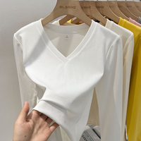 AOSSVIAO 2025 Autumn Office Lady Basic V-Neck Slim Fit T-Shirts Women Solid Color Versatile Trend Top Long Sleeved Base Shirt