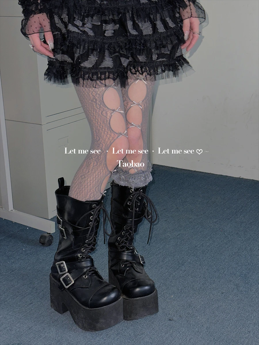 2025 Autumn New Millennium Hot Girl Y2K Sweet Cool Pantyhose Lace Fishnet Socks Hollow Bowknot Ripped Base Tights Women's Socks