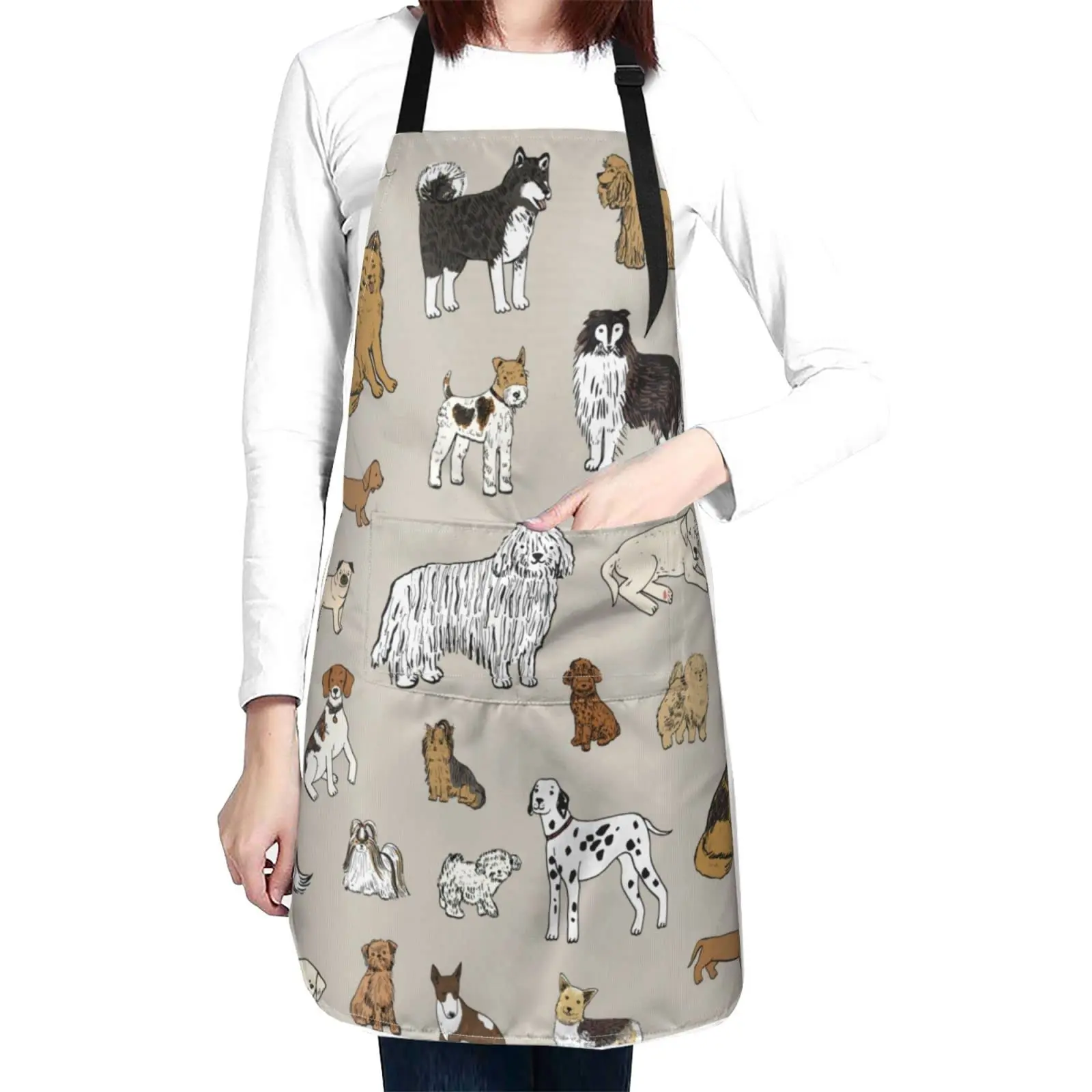 Cute Dogs Animal Print Waterproof Apron with 2 Pockets Cute Puppy Pets Kitchen Chef Aprons Bibs for Grooming Cooking