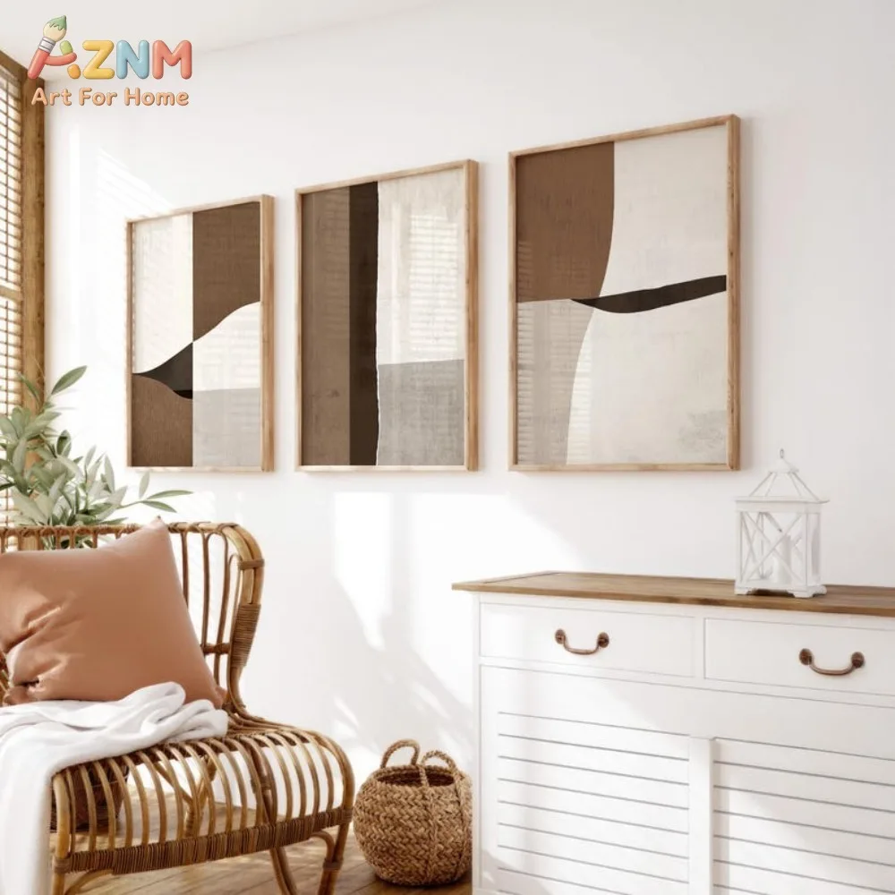 AZNM Frameless Canvas Poster Neutral Brown Abstract Geometric Print, Wabi Sabi Vintage Block Shape Minimalist Texture Wall Pictu