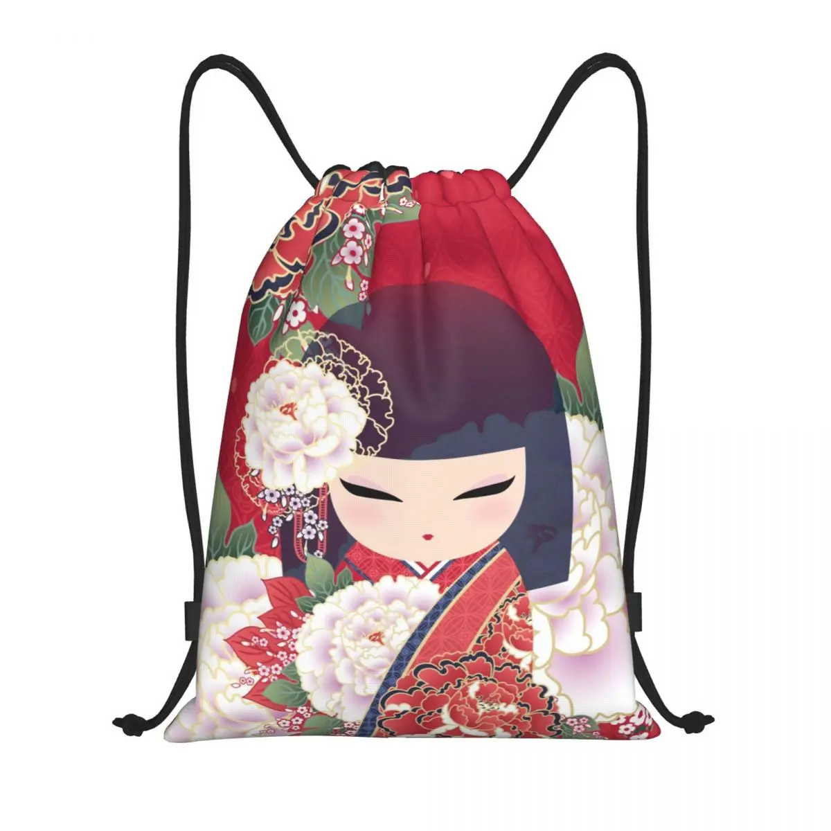 Kokeshi Doll Cherry Blossoms Drawstring Backpack Women Men Gym Sport Sackpack Foldable Japanese Girl Art Shopping Bag Sack