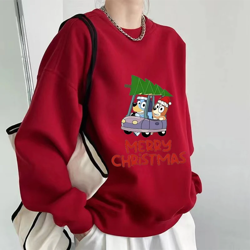 

Bluey Bingo Chilli Christmas Red Sweatshirt Round Neck Spring Autumn Pullover Cotton Long Sleeve Men Women Adult New Year Clothe