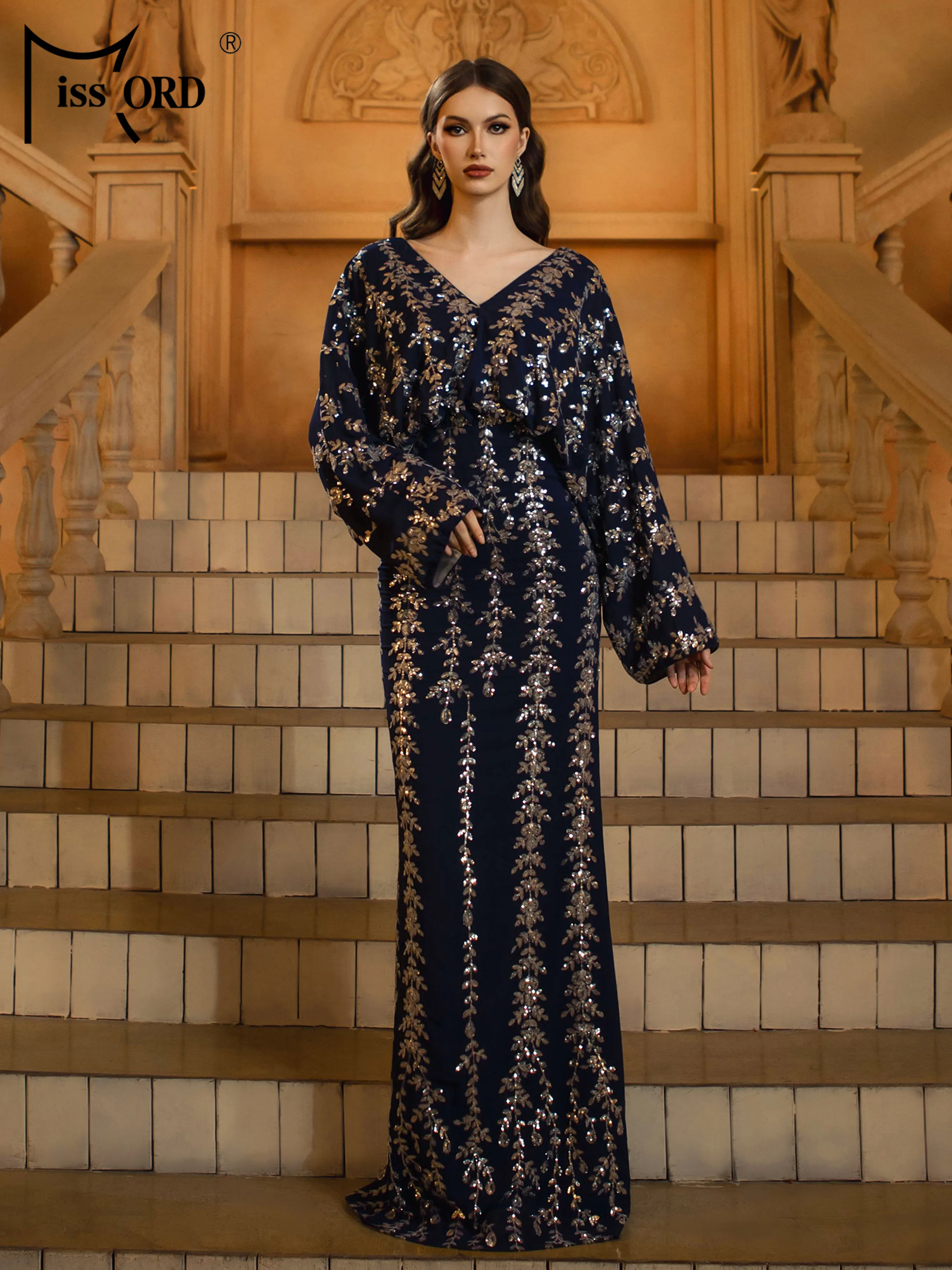 Missord elegante decote em v manga comprida lantejoulas sereia vestido de noite festa de aniversário de casamento alta qualidade luxo até o chão vestido