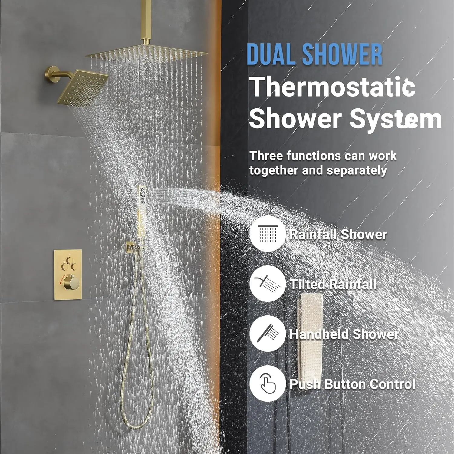 Brushed Gold Thermostatic Shower System With Ceiling 12-Inch Rainfall Shower & Wall Mount 6-Inch High Pressure Shower Head,