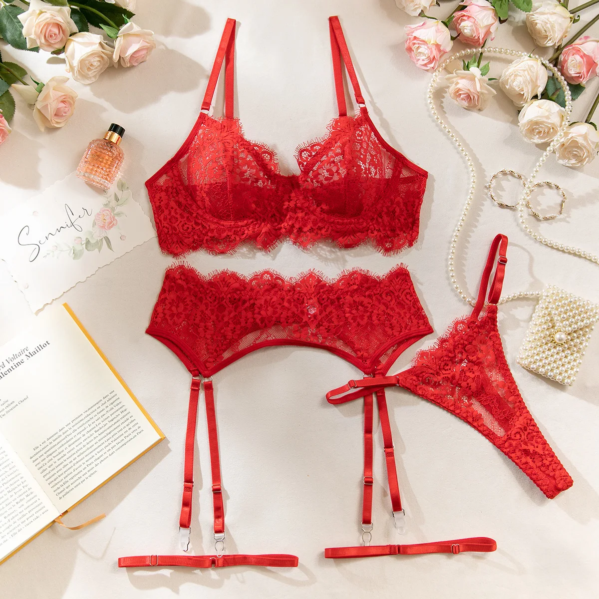 Women's 4-Piece Red Lace Lingerie Set Sheer Bra Garter Belt Panty Sexy Nightwea… - Image 6