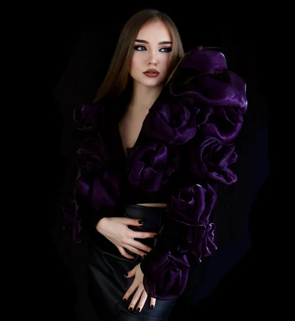 Stylished Black Short Women Blazer With Dark Purple Flower Details Fashion Women Floral Outerwear Coats