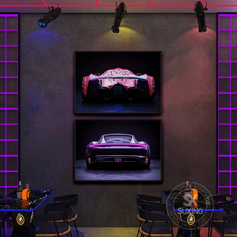 Cool Sports Car LED Glowing Painting on Acrylic Board Modern and Fashionable Wall Decoration for Game Halls and 4S Dealership