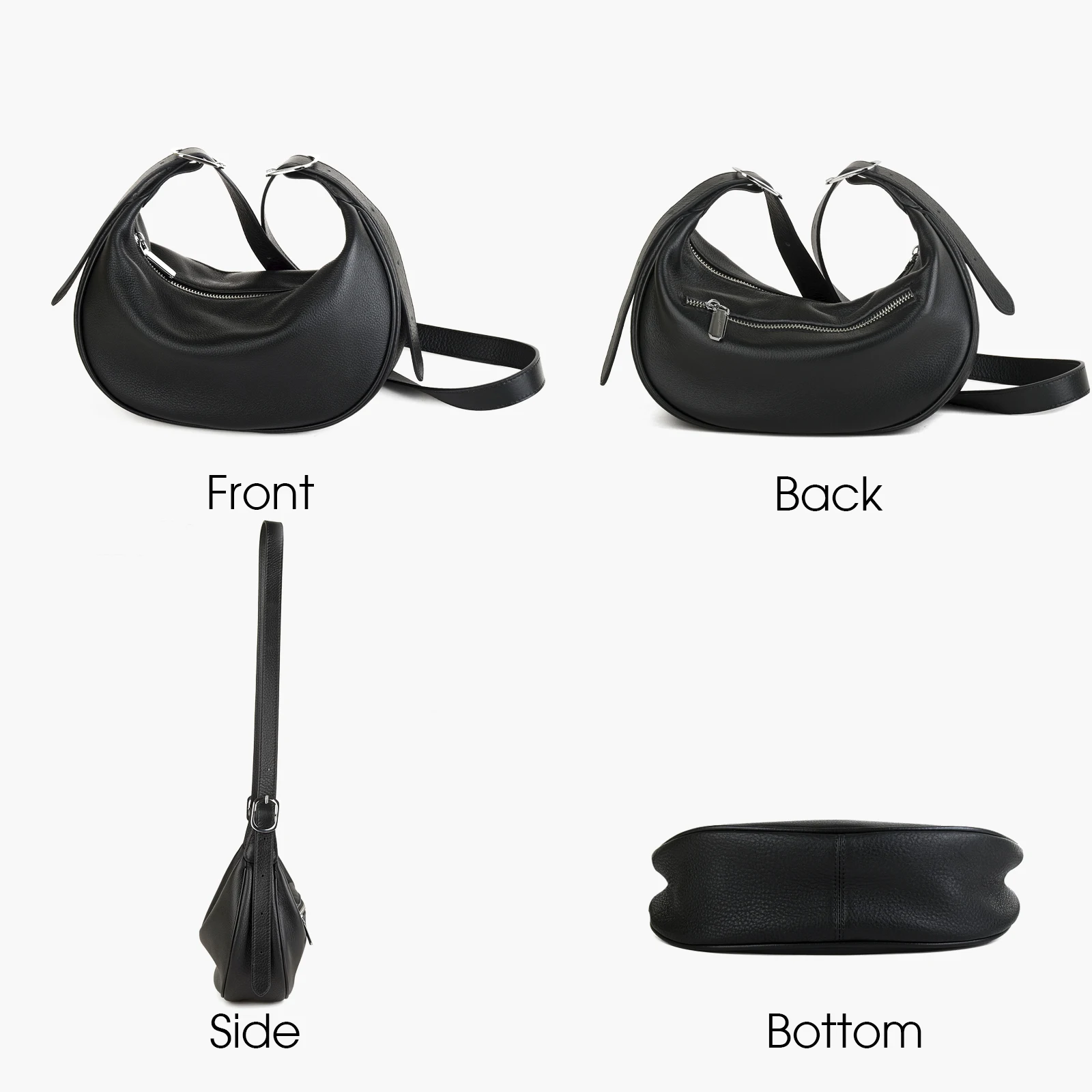 女性用ドナインフルグレインソフトレザーホーボーバッグ、クレセントクロスボディ、トレンディーなブラック、ハーフムーンショルダーバッグ、カジュアルビジネス