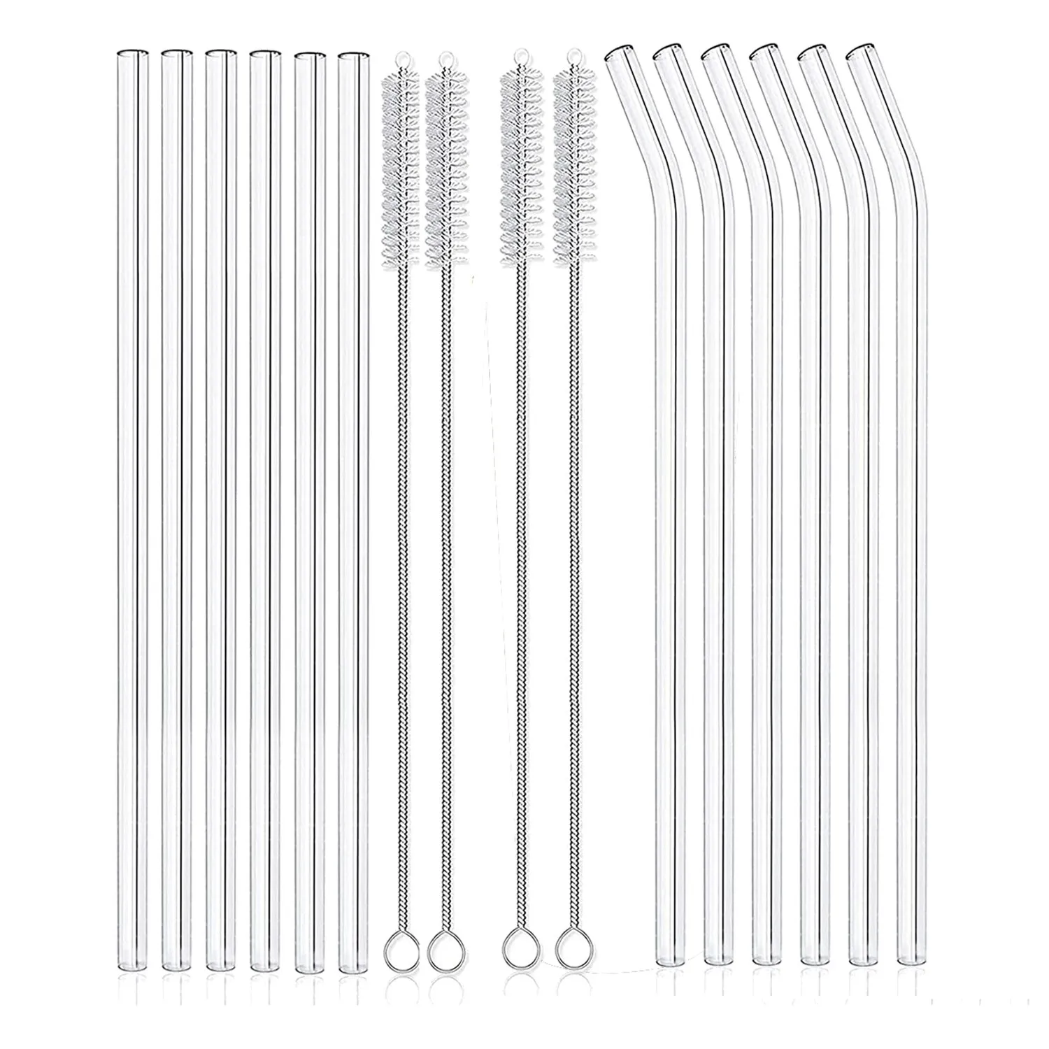 12PCS Reusable Clear Glass Straws Shatter Resistant Glass Drinking Straw 6 Straight and 6 Bent with 4 Cleaning Brushes