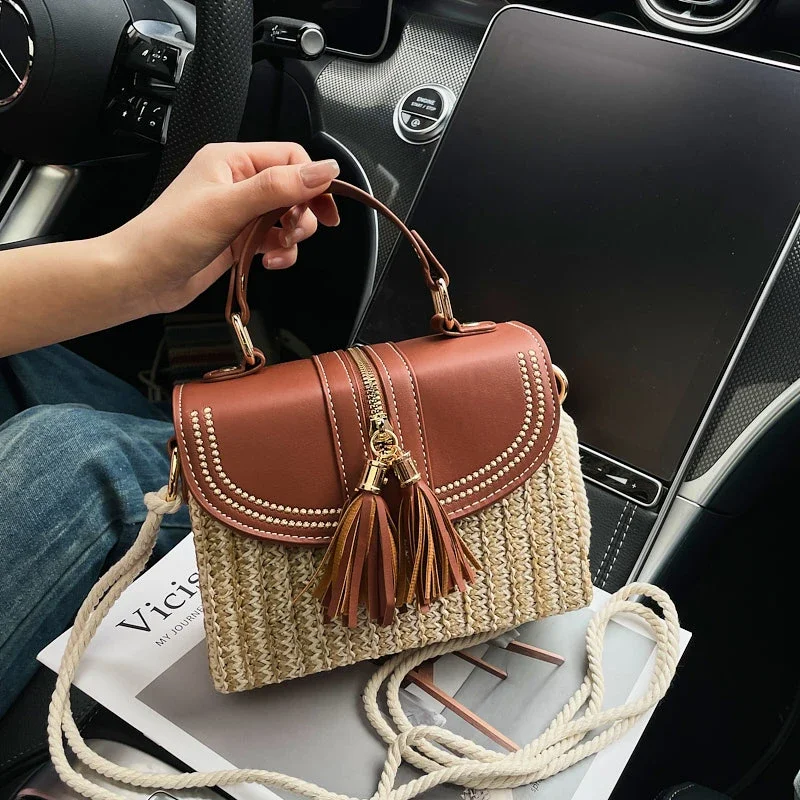 

Patchwork Straw Woven Square Shoulder Bags 2025 Hot Sale Casual Tassel Beaded Grace Retro Stylish Design Crossbody Bags