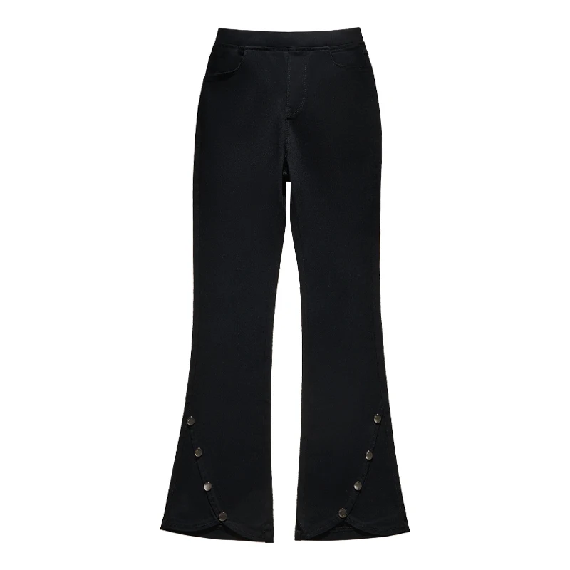 Primavera moda donna vita impero pantaloni in Denim nero decorazione bottone Jeans svasati ufficio signora eleganza pantaloni Casual Slim Fit