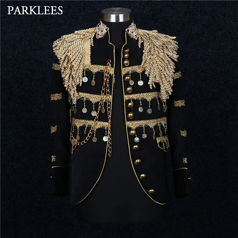 Mens Gold Tassels Court Prince Stylish Suit Jacket Brand Stand Collar Slim Fit Steampunk Gothic Vintage Uniform Costume Homme