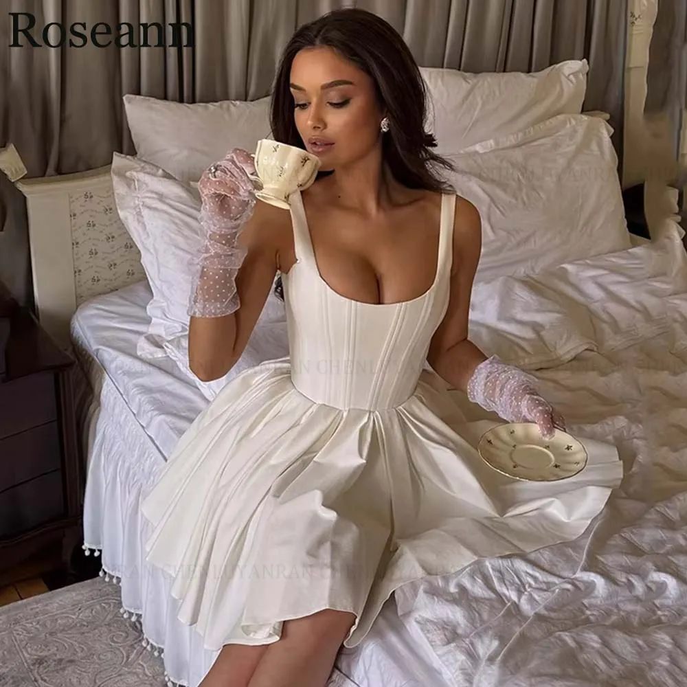 

Короткие свадебные платья с квадратным воротником и бретельками по индивидуальному заказу, 2026, атласное свадебное платье трапециевидной формы для женщин