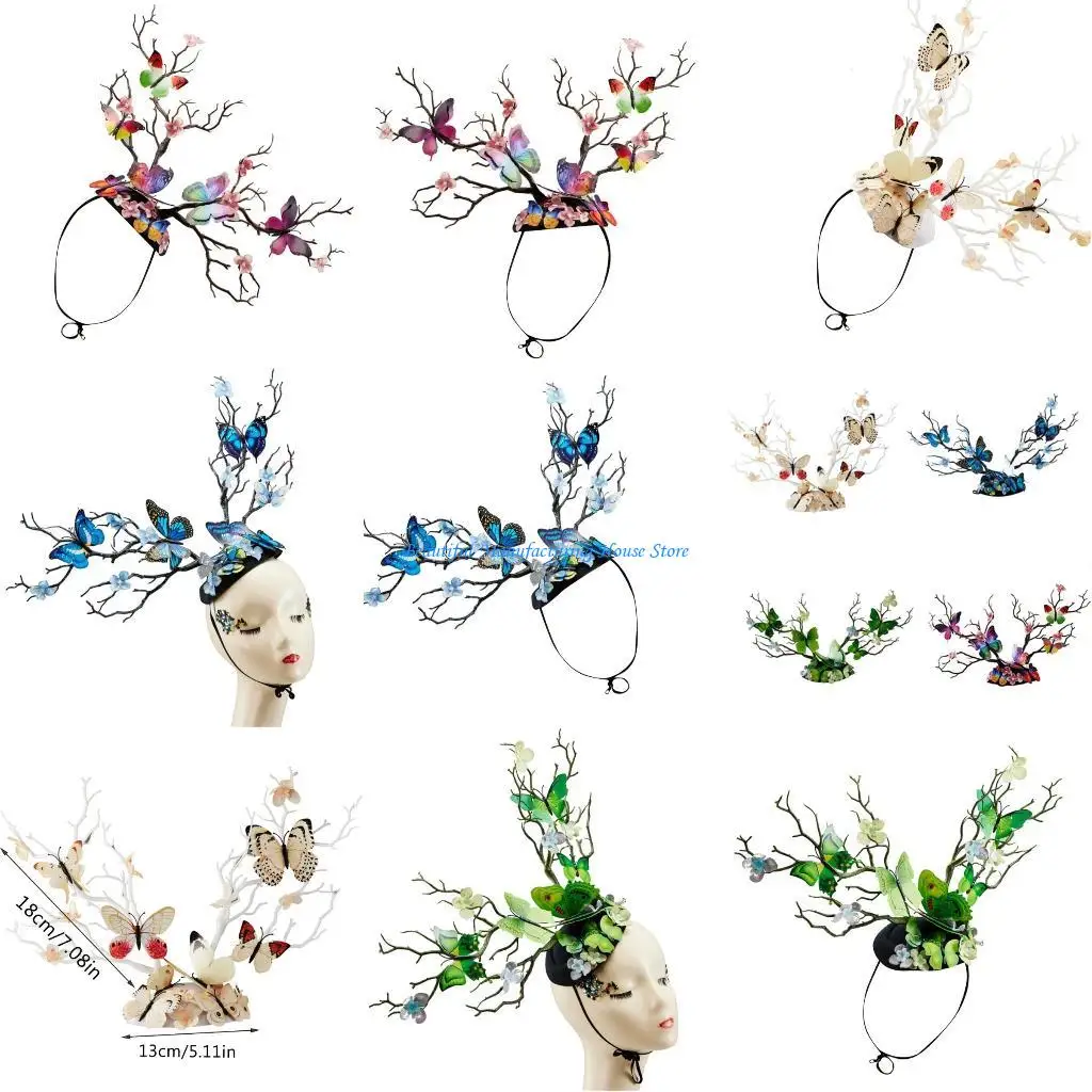 

E56A Artistic Flower Antler Hairband with Butterfly Hat Clip for Enchanting Hairdos Comfortable Women's Fashion Headwear