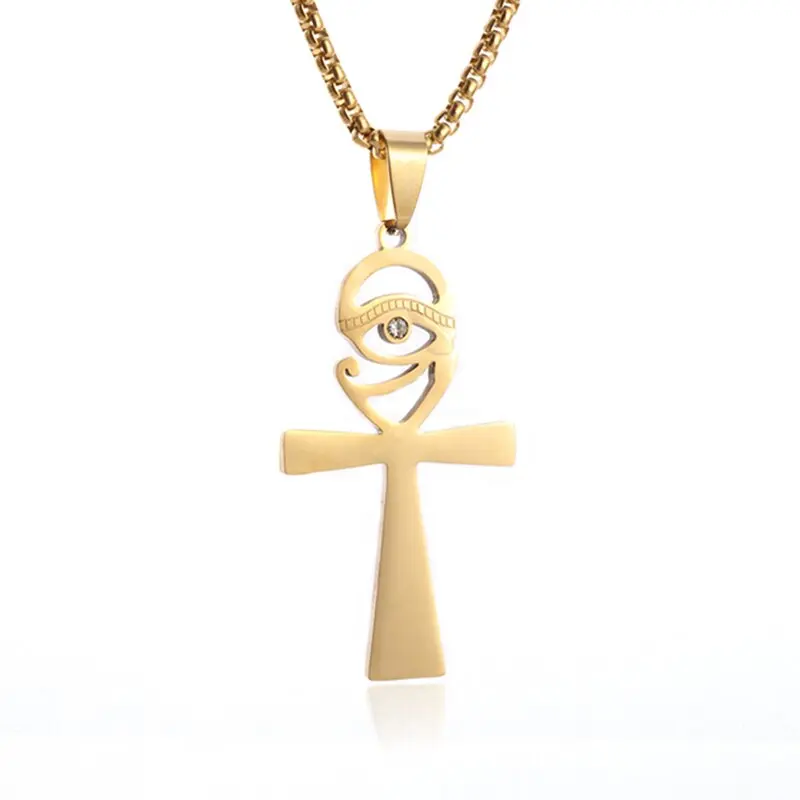 Vintage Crystal Eye of Horus Egypt Protection Pendant Stainless Steel Necklace Ankh Cross Religious Necklace Evil Eye Jewelry