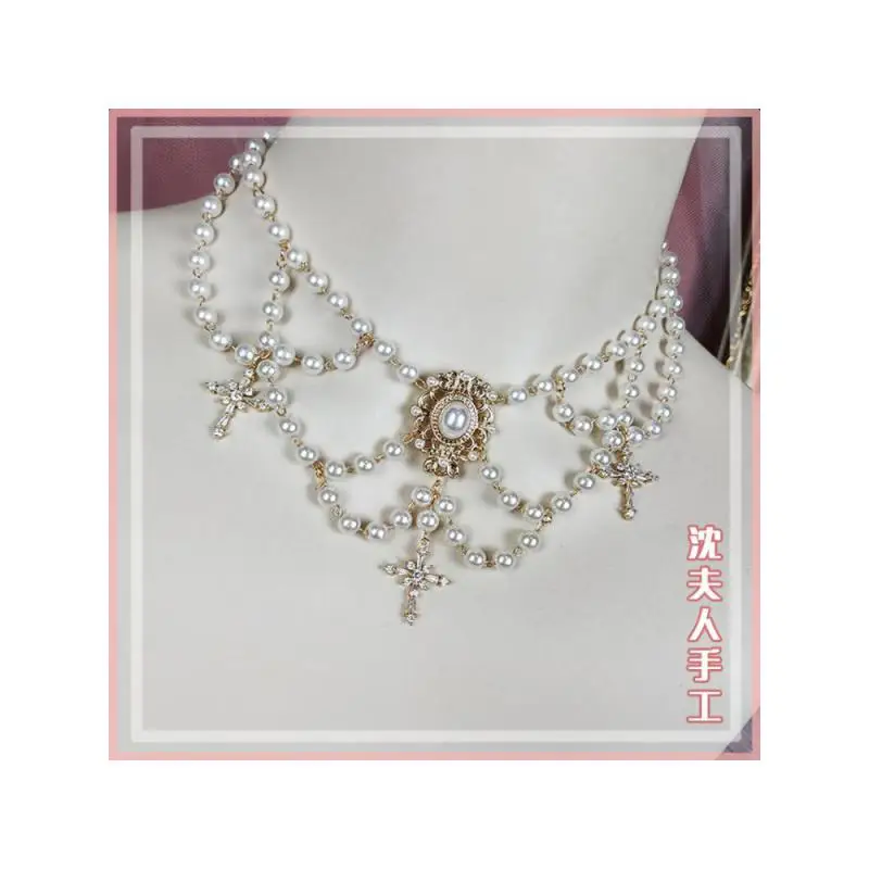 Hand Made White Pearl Double Layer Necklace Lolita Anime Cosplay Accessories Y2k Kc Cross Clavicle Chain Choker Necklace