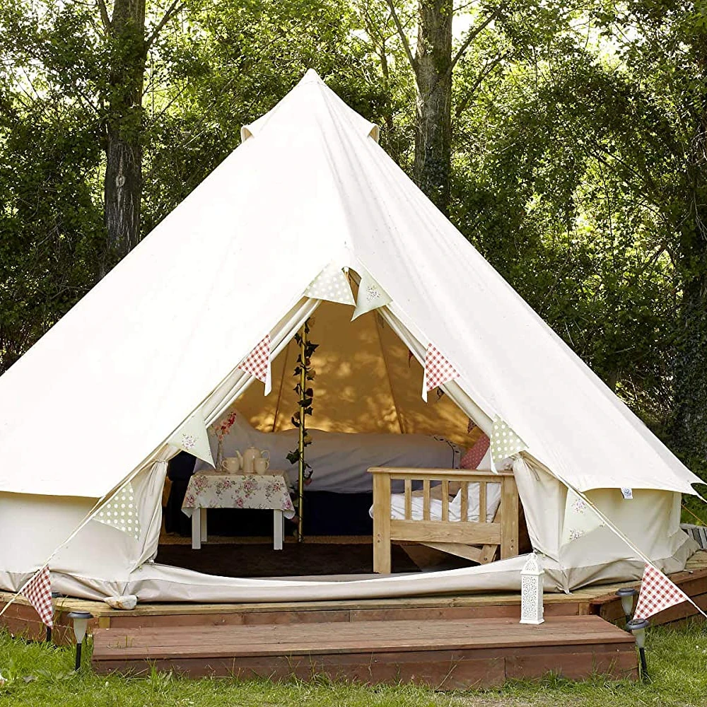 

Hot Sale Large Waterproof Camping Four Season Glamping Luxury Cotton Canvas Yurt Emperor Bell Tent With Stove Hole