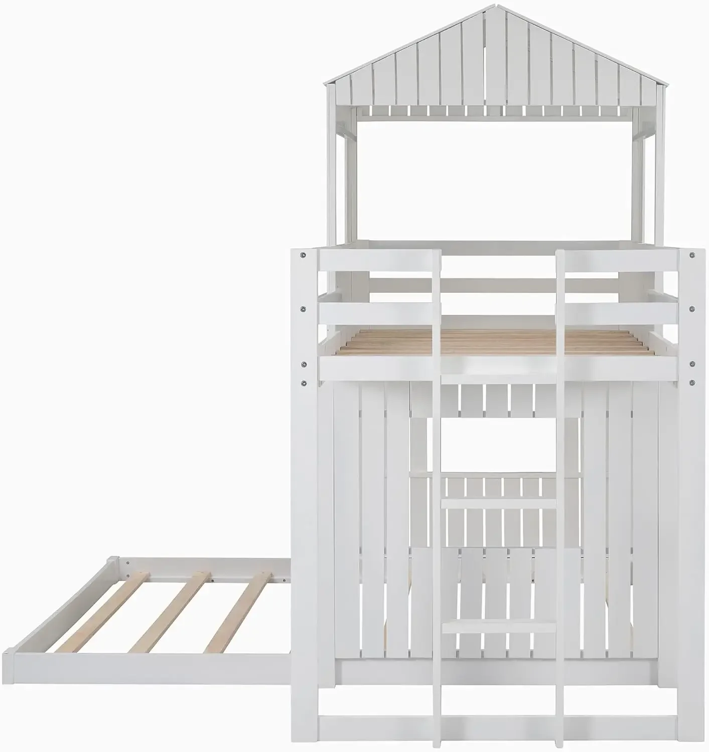 

Bed Twin Over Full with Ladder and Roof, Farmhouse Wood LoftBed Frame w/High Guardrail for Kids Teens Bedroom, No Box