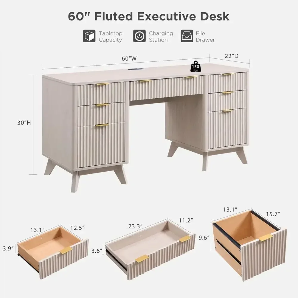 60 White Home Office Computer Desk with Charging Station and Keyboard Tray