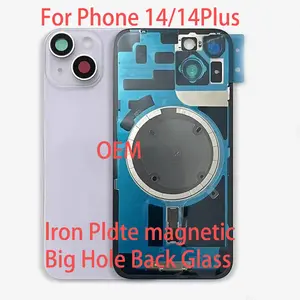 Bilashmart Big Hole Back Glass Cover Iphone 14 14Plus with Iron Frame Magnetic Ring Wireless Charging Coil Free Back Waterproof Sticker