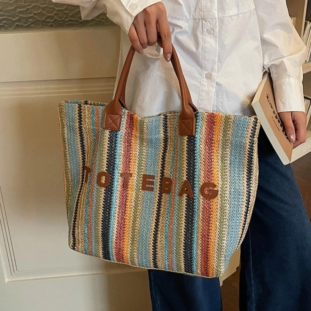 

Portable Woven Straw Tote Bag Large Capacity Letter Rainbow Tote Bag Shoulder Bag Tote Pouch Striped Handbags Grocery Handbag