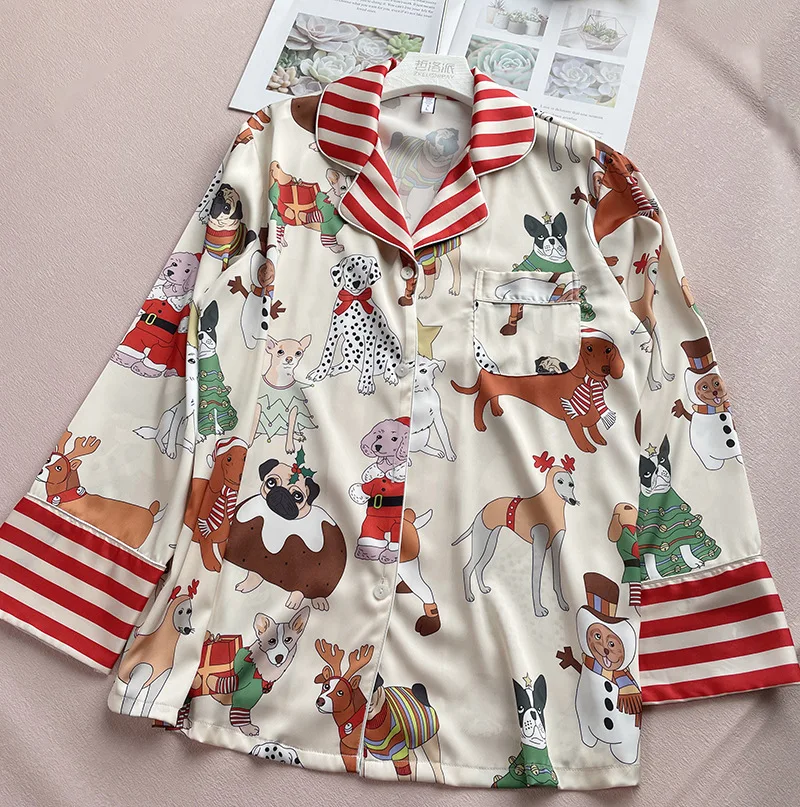 Silk Satin Pajamas Set Nightwear Print Cute Cartoon Pijama Mujer Autumn Spring Women\'s Home Clothes Long Sleeve Sleepwear