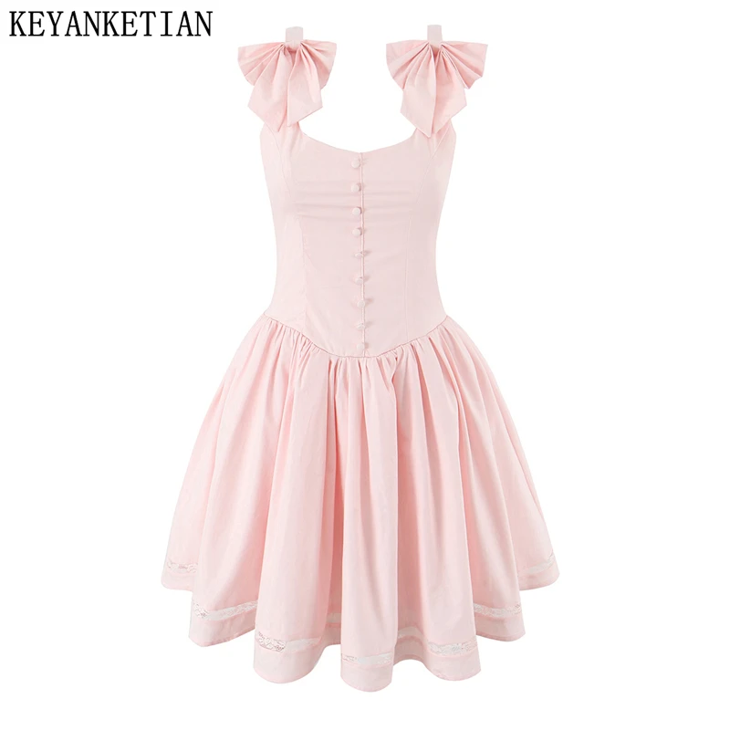 

KEYANKETIAN Summer New Women Vacation Style Bow Decoration Shoulder Strap Slim Pleated Dress Lace Patchwork Fluffy Skirt