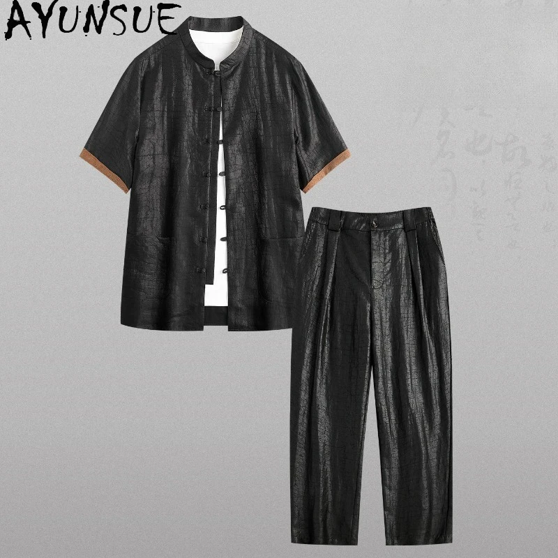 AYUNSUE 100%Real Mulberry Silk Shirts for Man High Quality Watered Gauze Casual Pants Men's Set Outfit Summer Short Sleeve Shirt