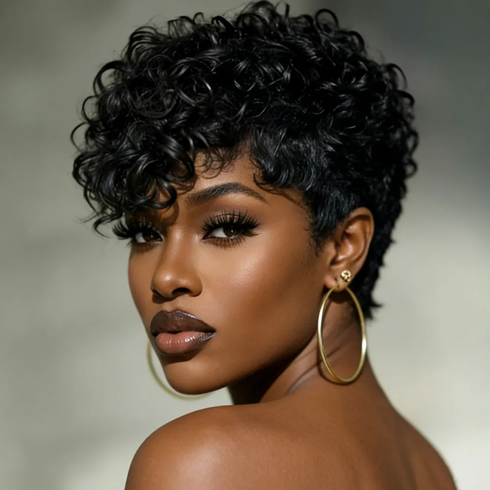 

Парик пикси, 6 дюймов, короткий, кудрявый, натуральный черный цвет, парик с прической пикси, кудрявые парики из натуральных волос, машинная работа, парик из натуральных волос.