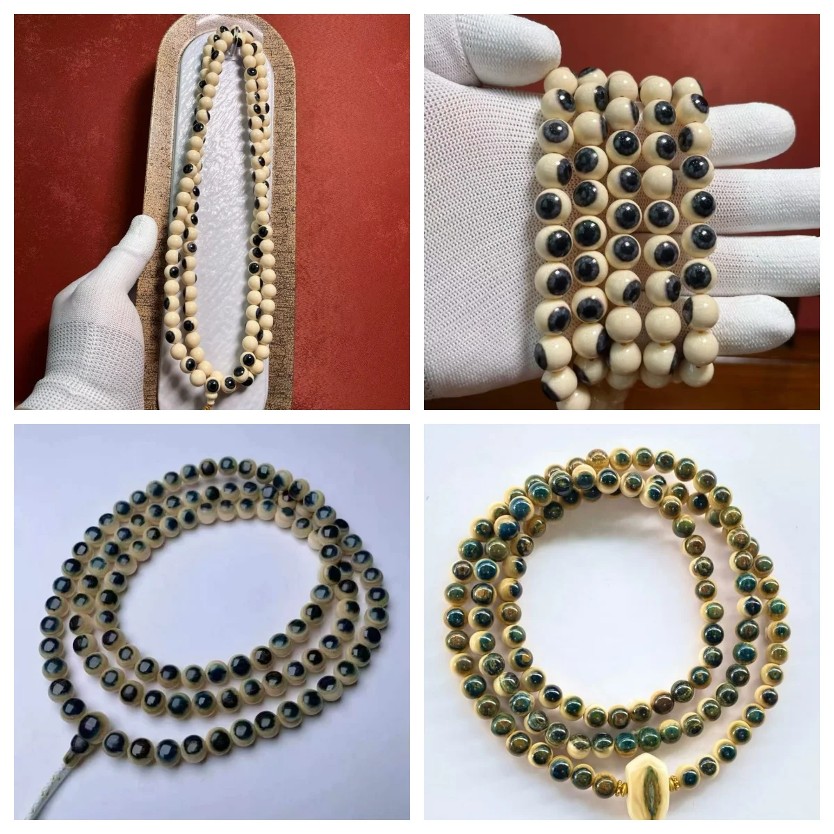 

Mammoth ivory bead necklace, bracelet prayer beads blue eyes 108 Buddha beads clear patterns natural color precious item