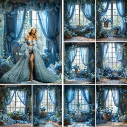 Photography Background Blue Flower Room Window Curtain Decor Maternity Classical Art Portrait Backdrop Studio Photoshoot Props